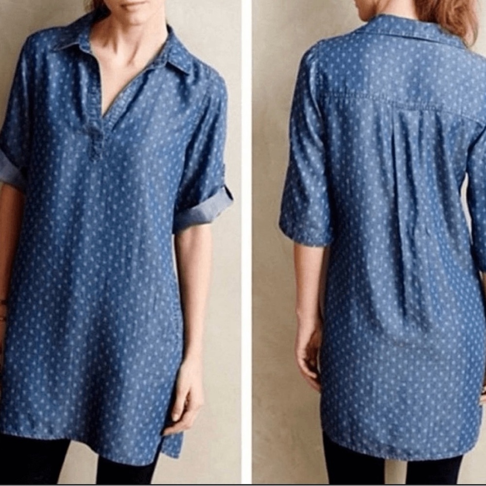 Cloth & Stone Blue Dots Design Tencel  Chambray Shirt‎ Dress with Pockets M #235